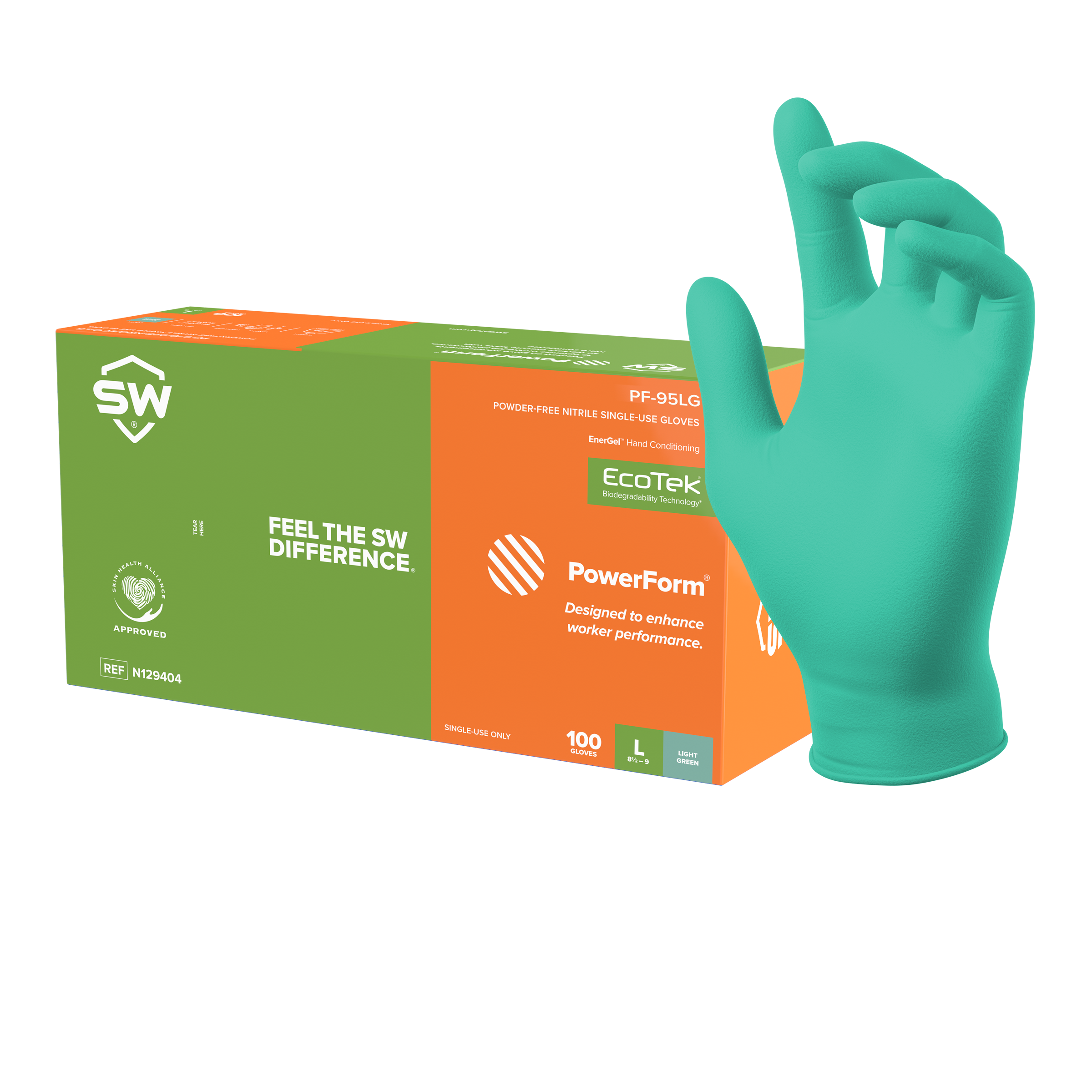 SW PowerForm  PF-95LG Light Green 5.9mil Nitrile Exam EnerGel Rejuvenating Gloves – 100ct