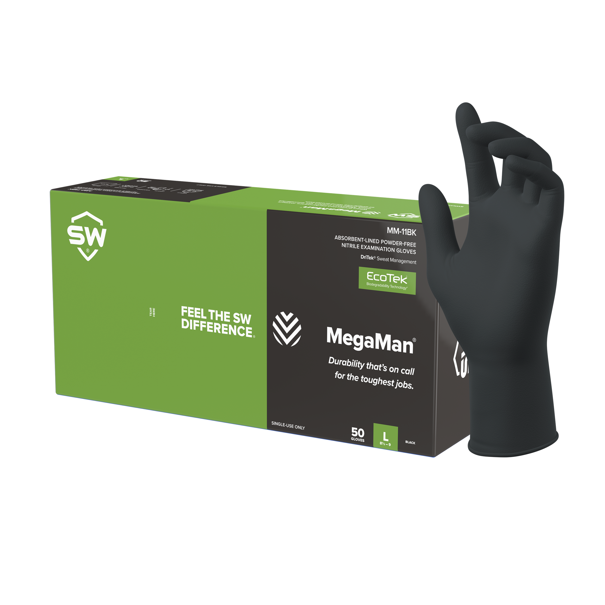 SW MegaMan MM-11BK Black 8.5mil Sustainable Sweat-Absorbing Nitrile Exam Gloves – 50ct