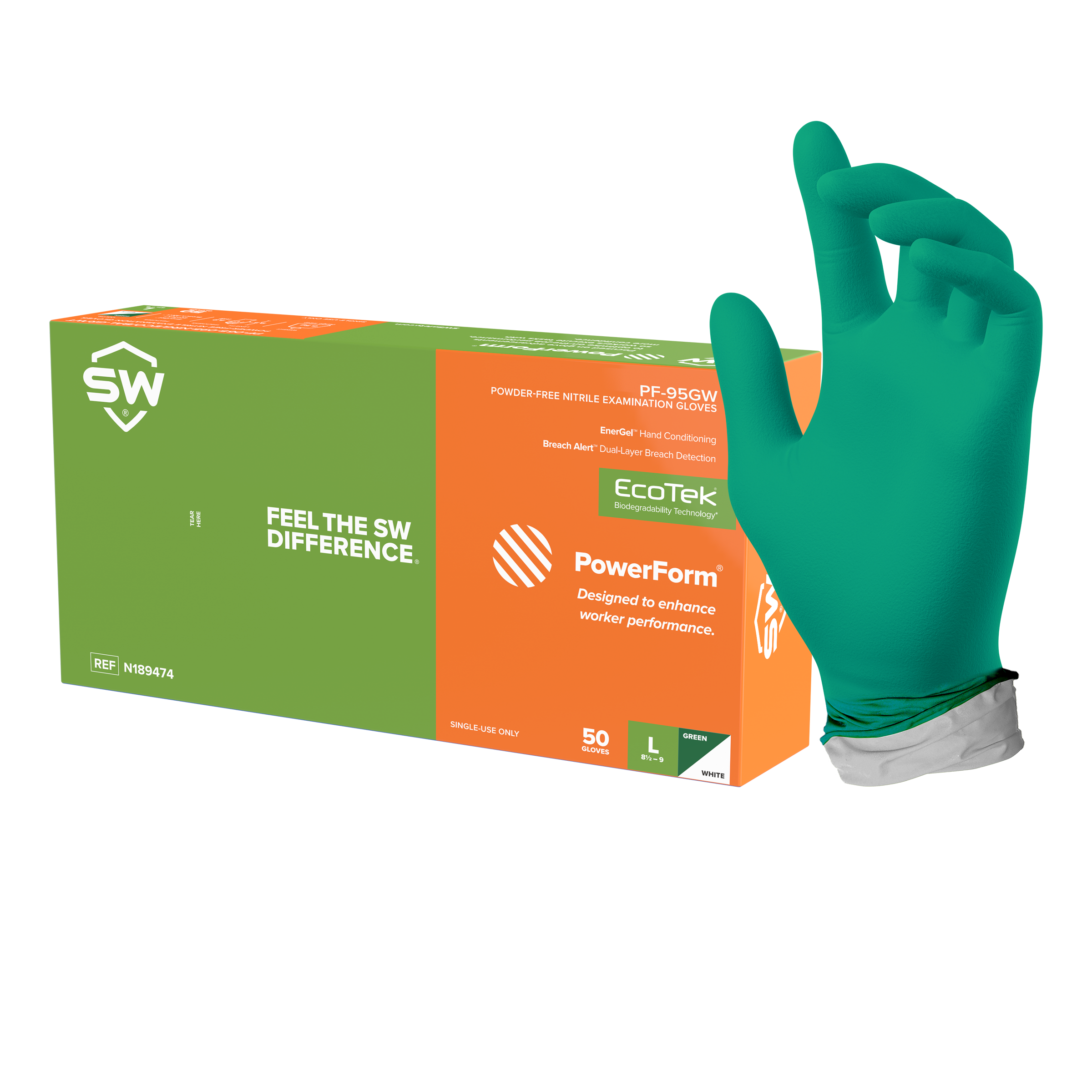 SW PowerForm PF-95GW Dual-Color Green/White 4.9mil Sustainable Skin-Improving Nitrile Exam Gloves – 50ct